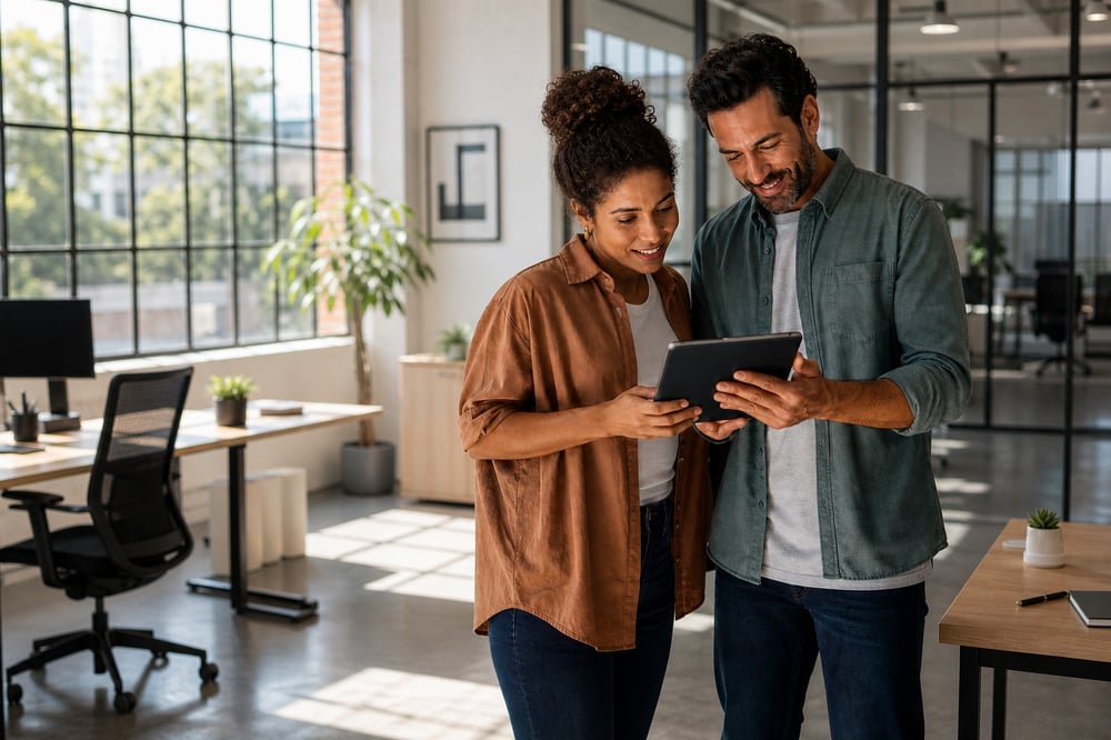 Two People in a Small Office Viewing an iPad at Sunny Day