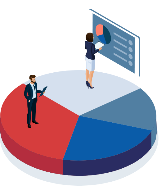 illustration of a business man and business women stood on a pie chart