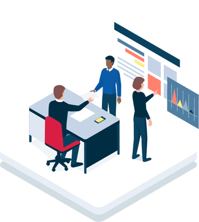 3D illustation of a person sat at a desk being handed a piece of paper from another person, while another person looks at some charts