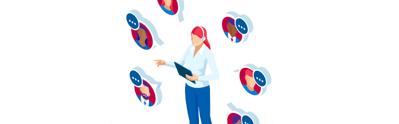 illustration of a woman talking to a number of people on a headset