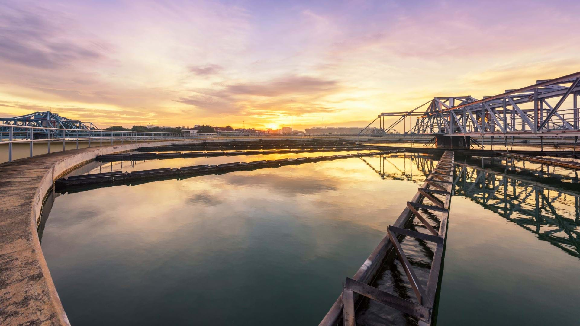 External photo of Scottish Water sewage treatment plant at sunset